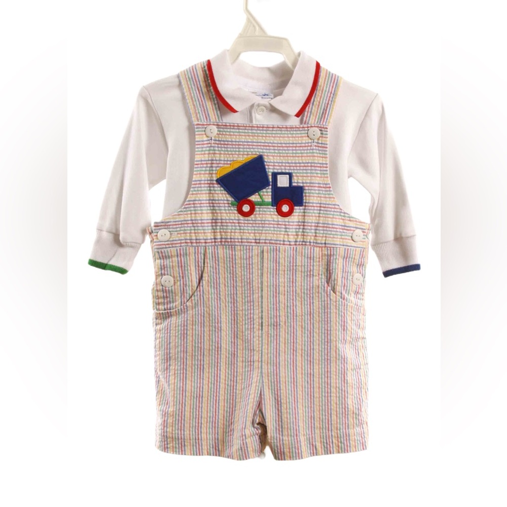 Florence Eiseman White Top And Striped Shortalls and Dump truck Applique 18M